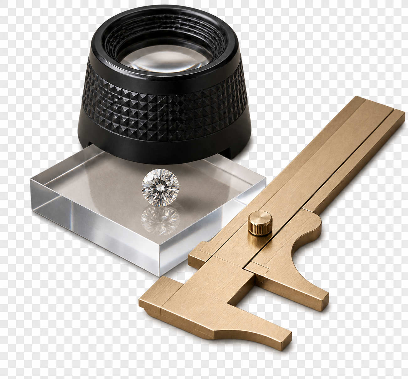 A gemological loupe, optical prism, diamond and brass calibration gauge as a transparent cutout.