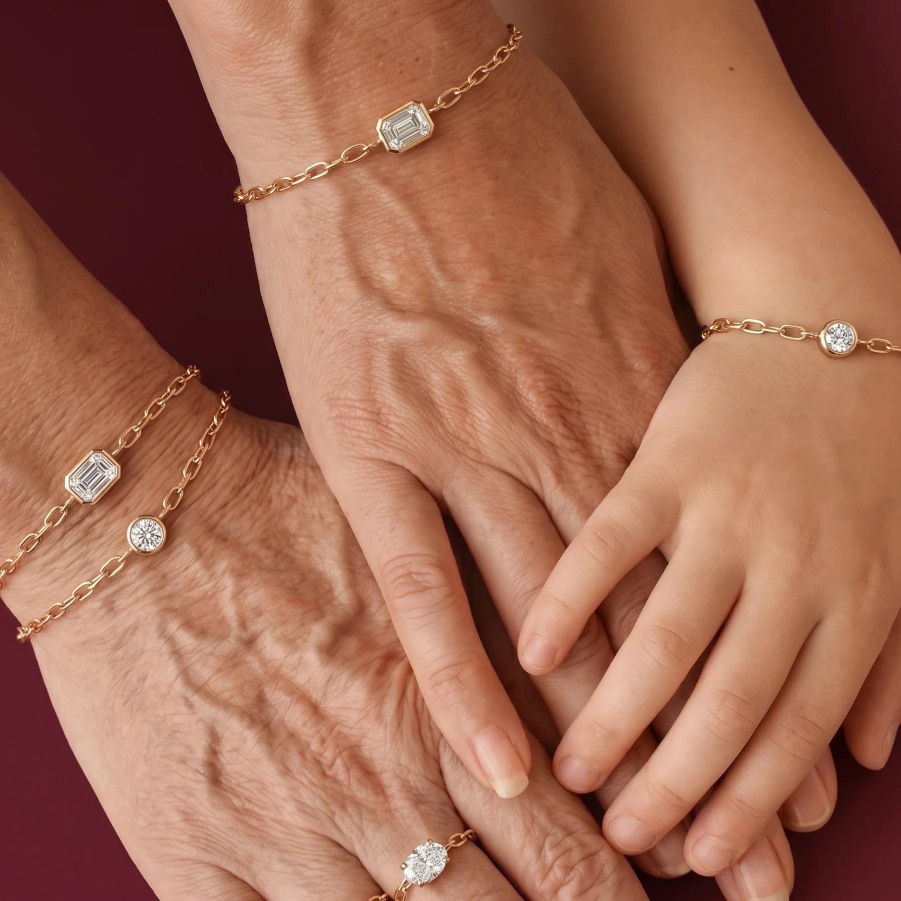Legacy bracelets worn by two generations of hands.