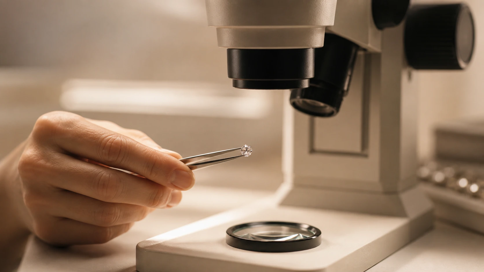 A diamond held in tweezers beneath gemological magnification.